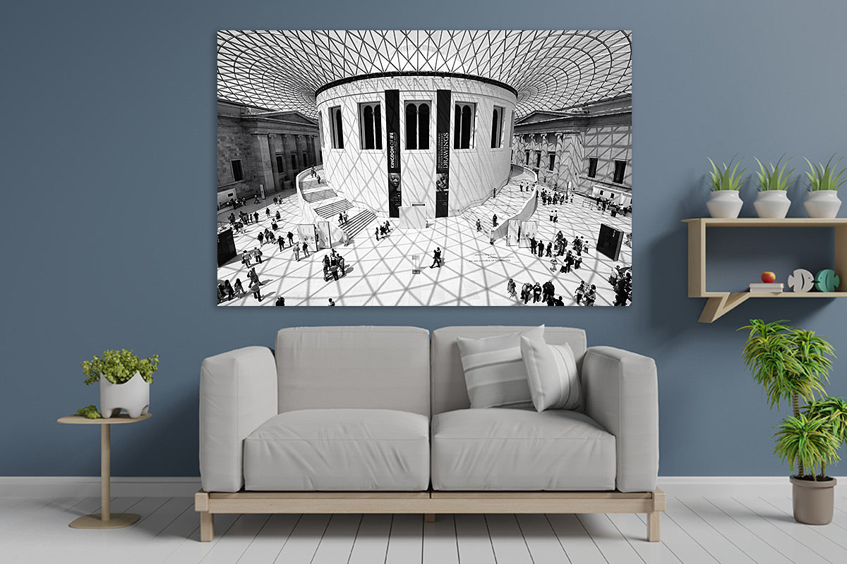 British Museum black and white wall art in living room