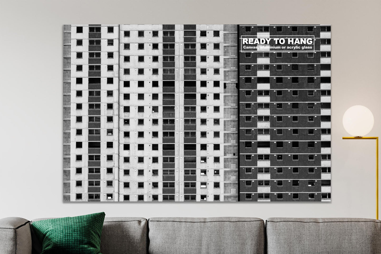 Glasgow Gorbals Norfolk Court Tower block wall art on living room wall with ready to hang text overlay