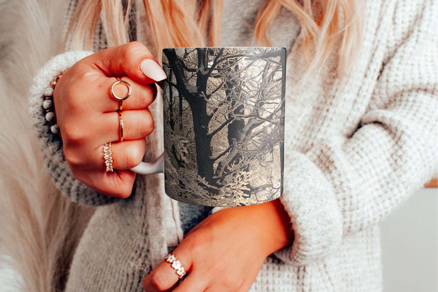Golden Silvery Mug 11oz mockup with hand model