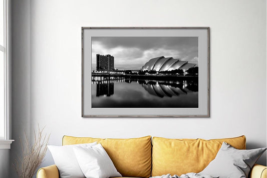 Armadillo Glasgow monochrome cityscape print in frame on wall with no text
