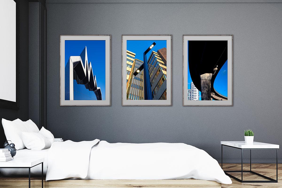 Glasgow three architecture prints on bedroom wall mockup 