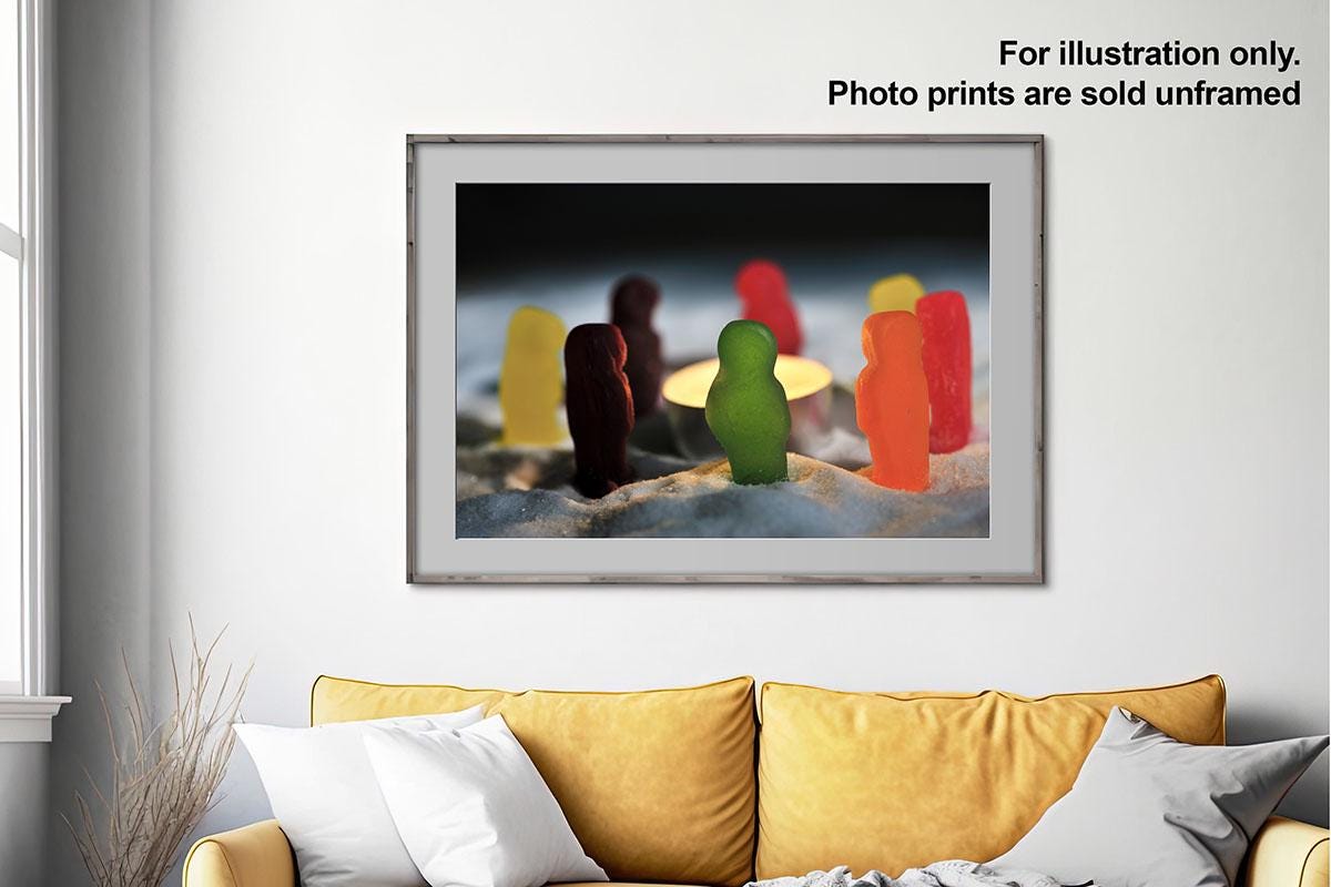 Jelly Babies photo print framed on wall with text