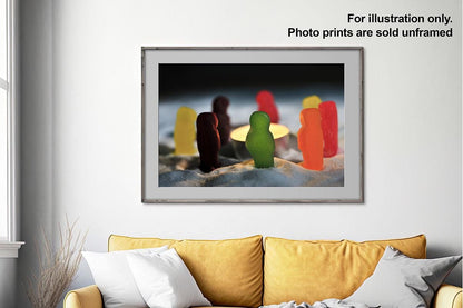Jelly Babies photo print framed on wall with text