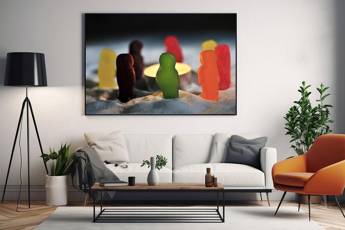 Jelly babies in black frame on living room wall