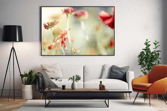 Sneezeweed flower macro photo in black frame on living room wall