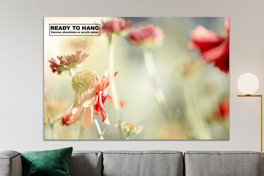 Sneezeweed flower macro wall art above yellow couch with text overlay