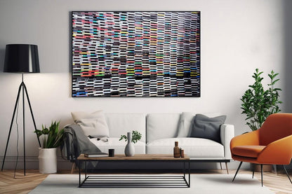 Wall of Sound cassette tapes wall art in frame in living room